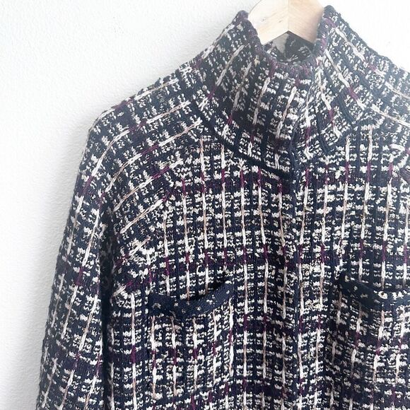 BCBGMaxAzria | Navy Maroon Ivory Gold Sweater Coat Snap Closure | Size Large - Picture 1 of 8